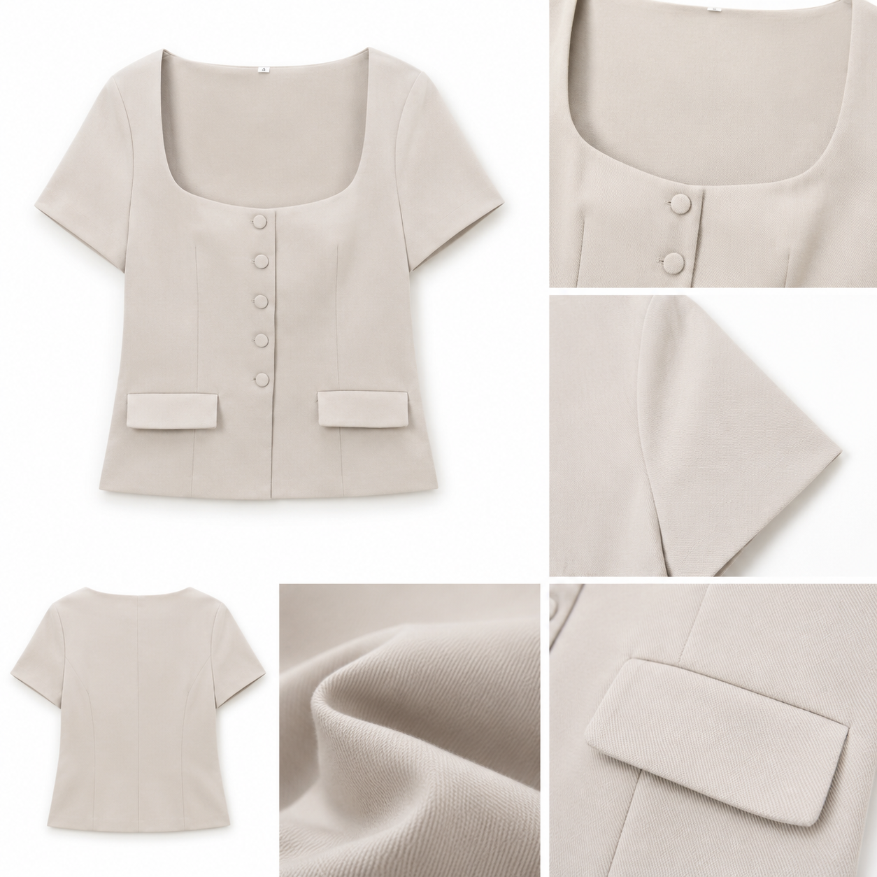 Liora Elegant Square Neck Bluse Beige – Damen Kurzarm Top mit Knopfleiste
