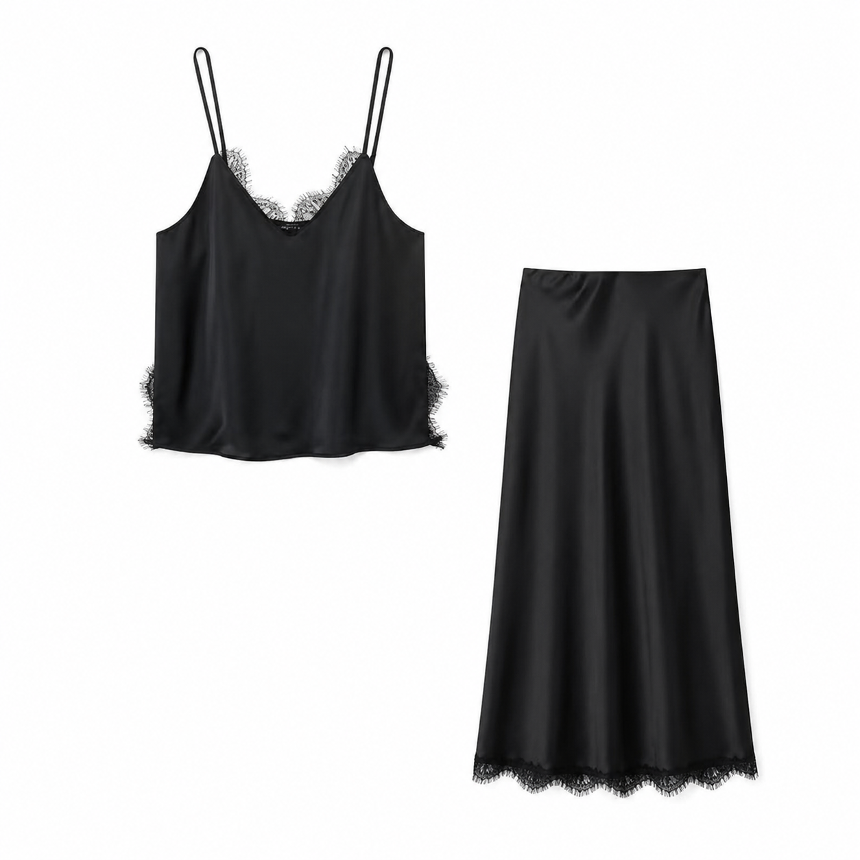 Serena Satin Set – Elegantes Damen Zweiteiler Set in Schwarz mit Spitze