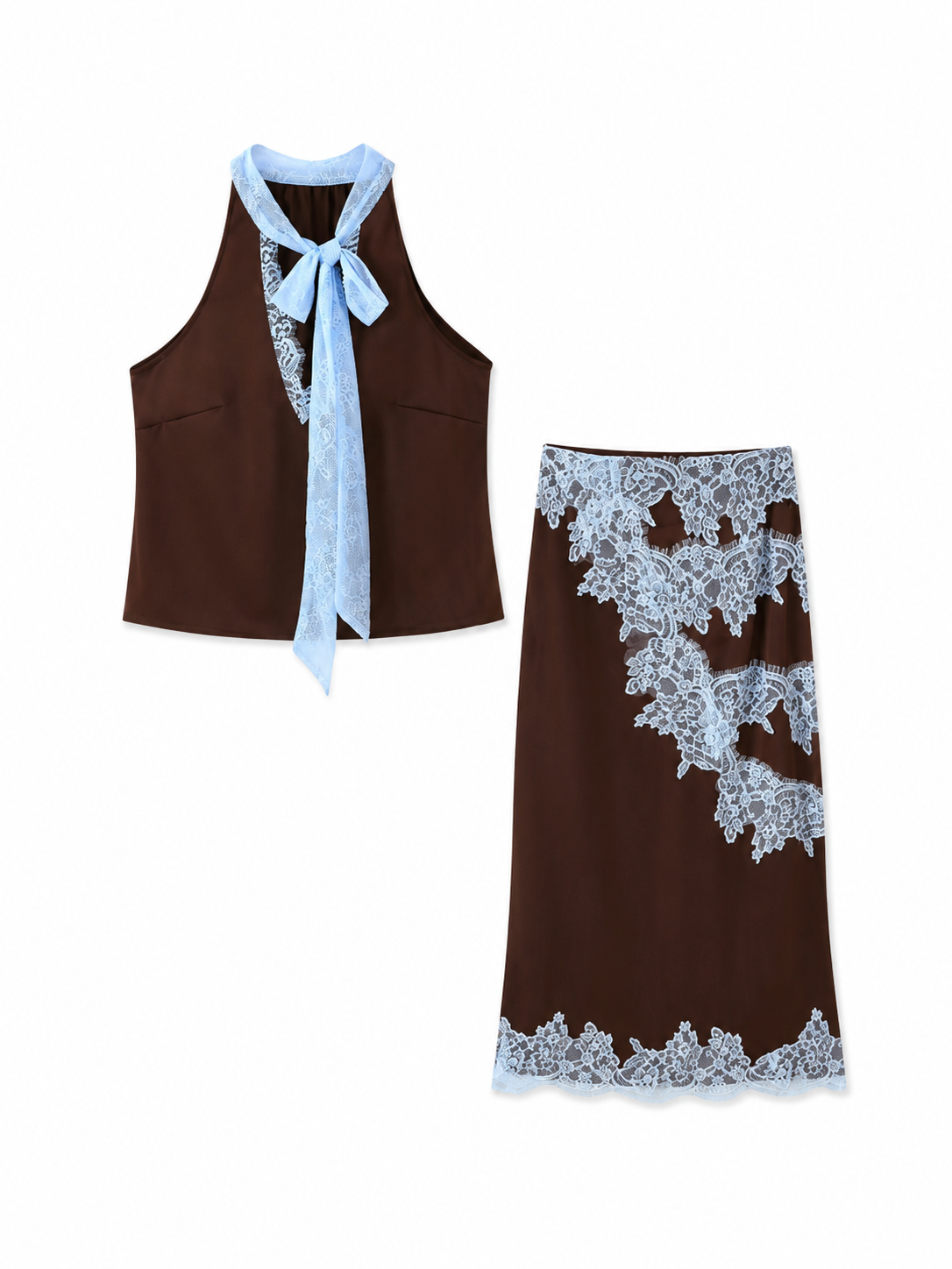 Selina Lace Set – Elegantes Satin Damen Set mit Spitze in Braun
