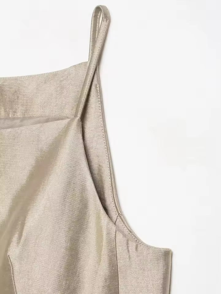 Aura Satin Set – Elegantes Damen Zweiteiler Set mit weiter Hose in Beige