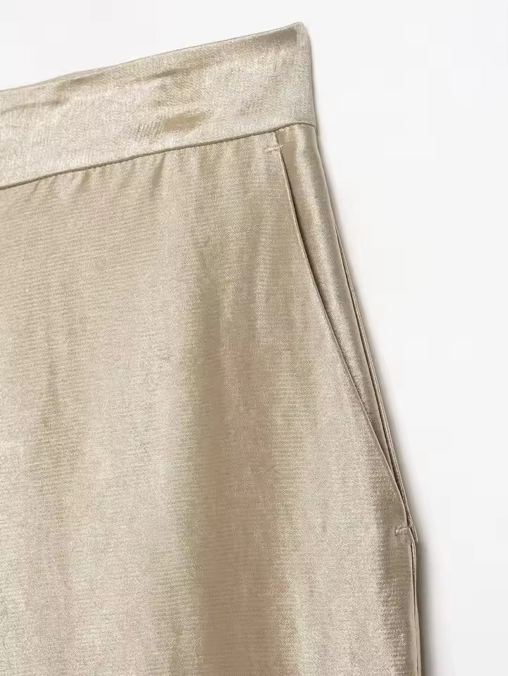 Aura Satin Set – Elegantes Damen Zweiteiler Set mit weiter Hose in Beige