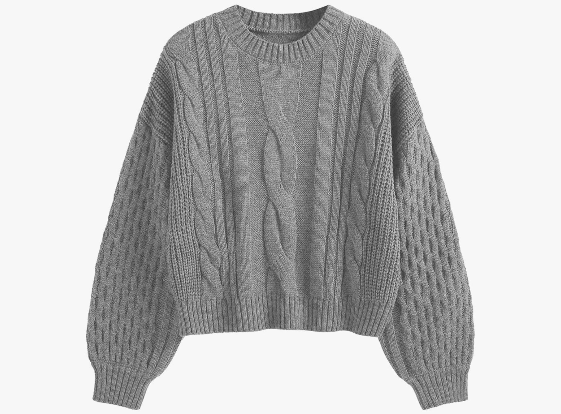 Oversized Cable Knit Sweater – Round Neck Pullover with Volume Long Sleeves