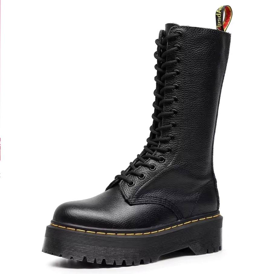 Premium Black Genuine Leather Combat Boots | Extra High Lace-Up Shaft & Platform Sole | Motorrad-Style