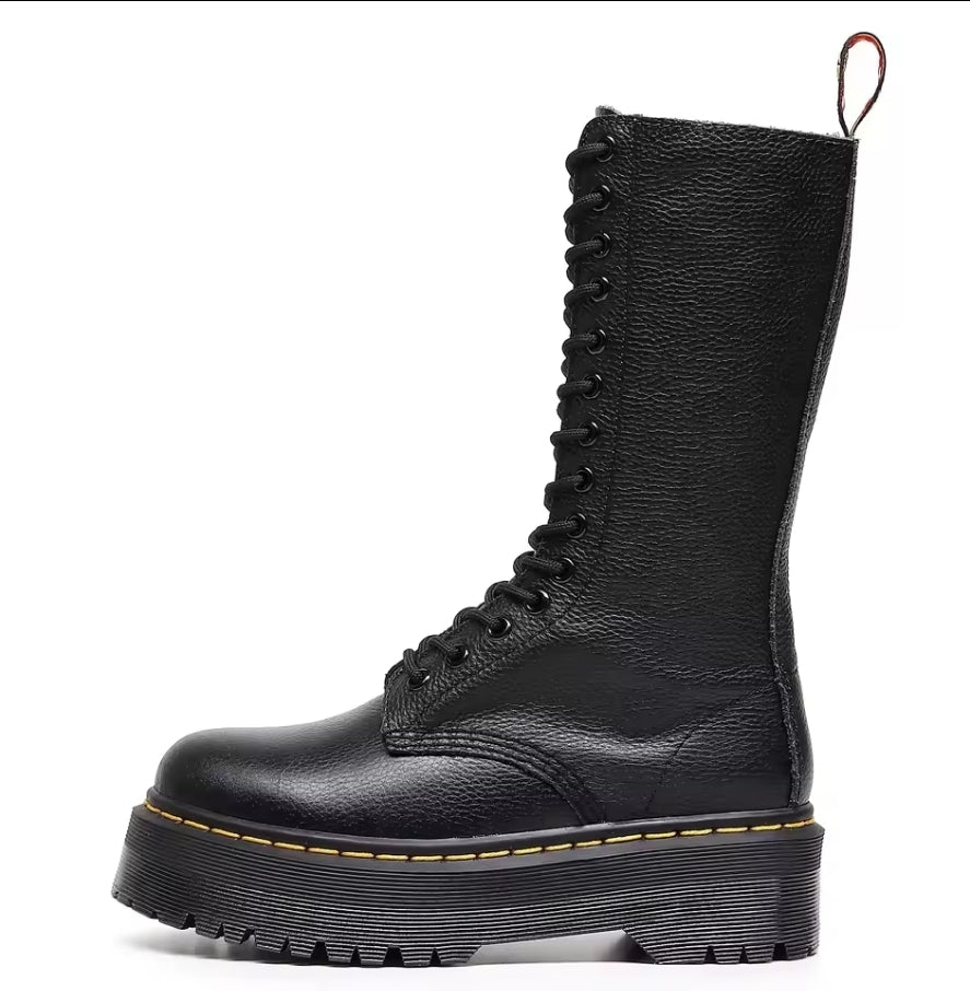 Premium Black Genuine Leather Combat Boots | Extra High Lace-Up Shaft & Platform Sole | Motorrad-Style
