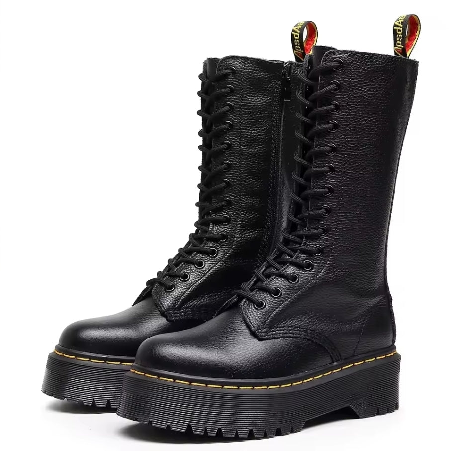 Premium Black Genuine Leather Combat Boots | Extra High Lace-Up Shaft & Platform Sole | Motorrad-Style