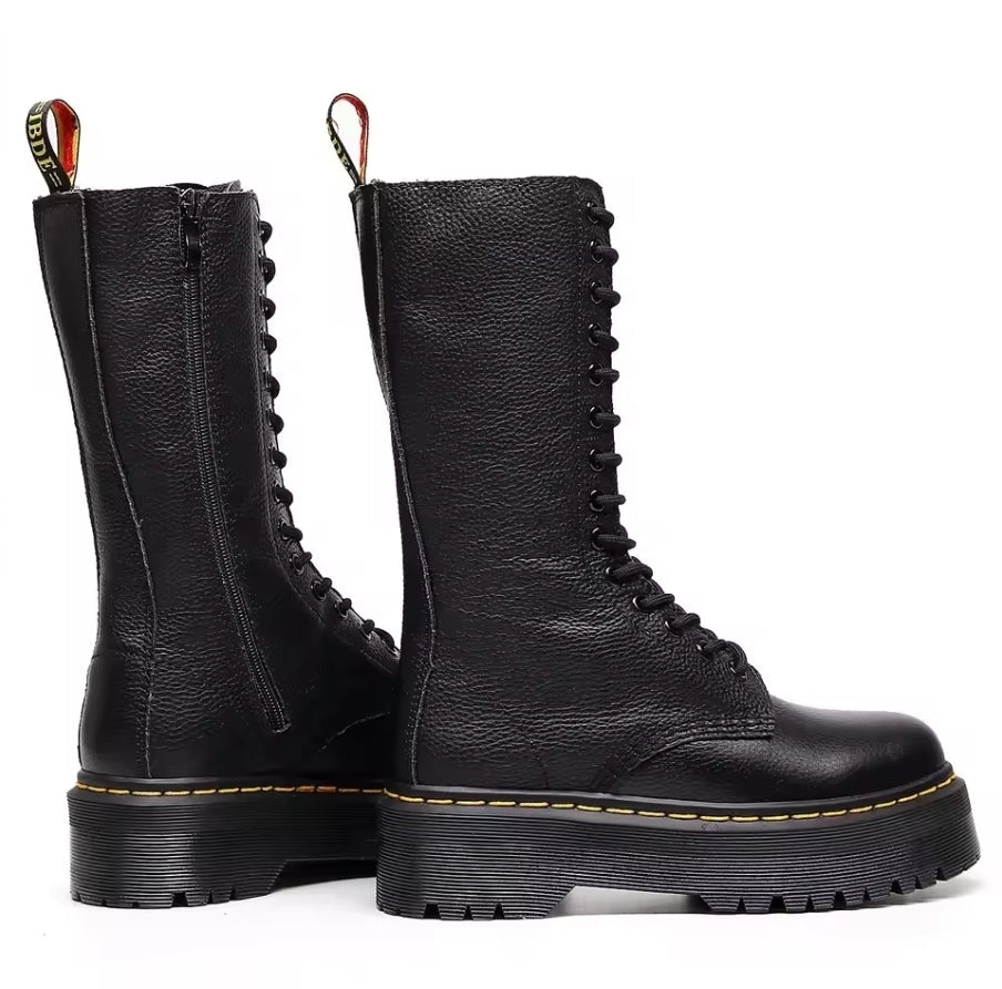 Premium Black Genuine Leather Combat Boots | Extra High Lace-Up Shaft & Platform Sole | Motorrad-Style