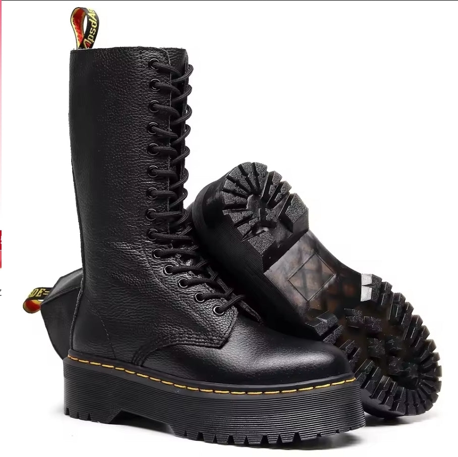 Premium Black Genuine Leather Combat Boots | Extra High Lace-Up Shaft & Platform Sole | Motorrad-Style