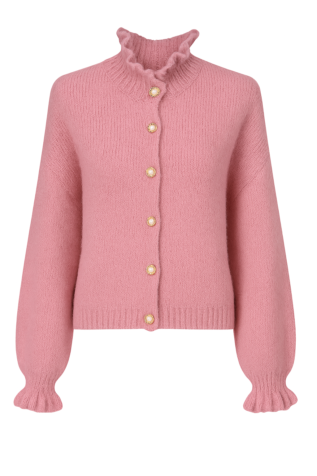 Chic Ruffle-Trim Cardigan with Pearl Buttons | Puff Sleeve Knit Sweater
