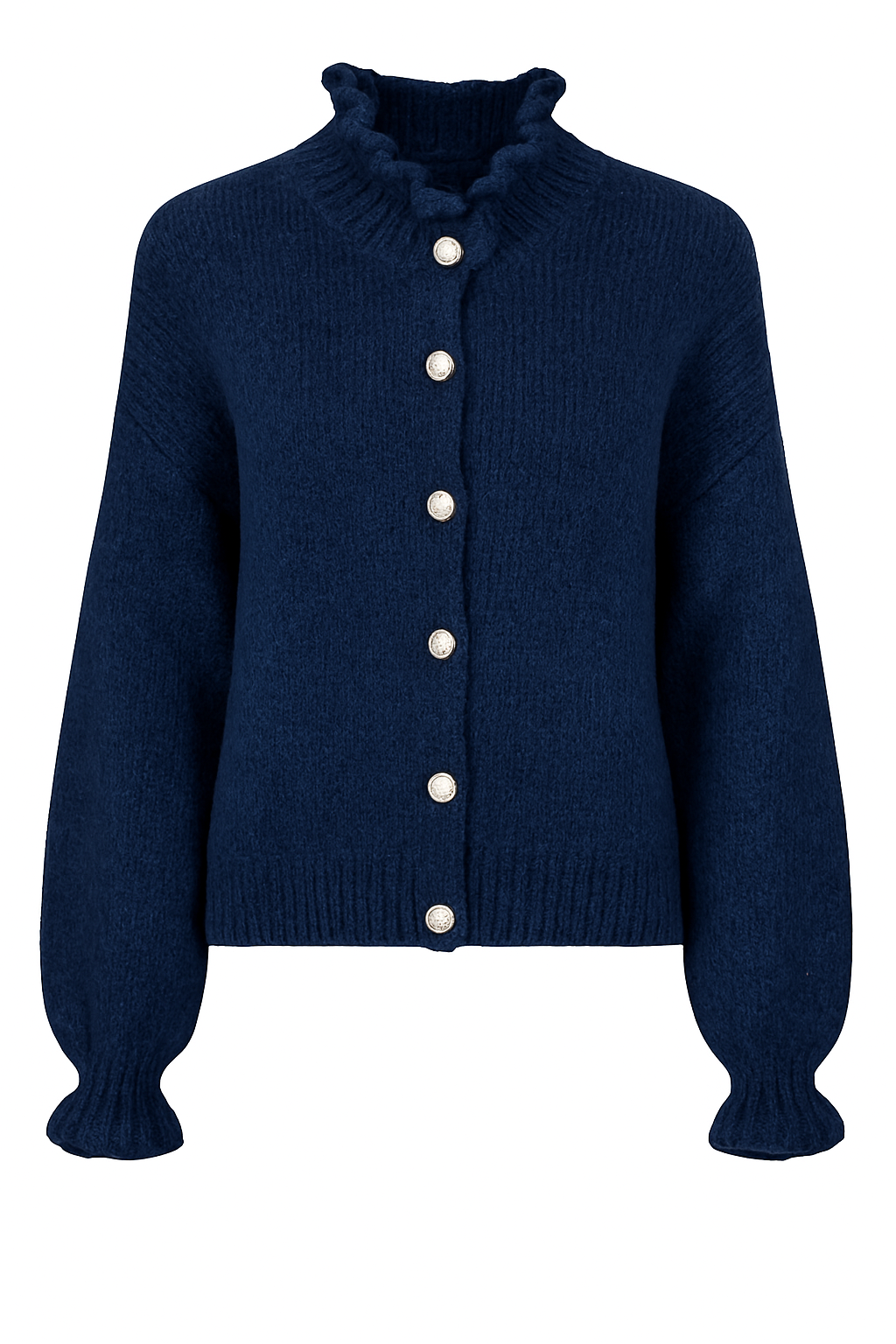 Chic Ruffle-Trim Cardigan with Pearl Buttons | Puff Sleeve Knit Sweater