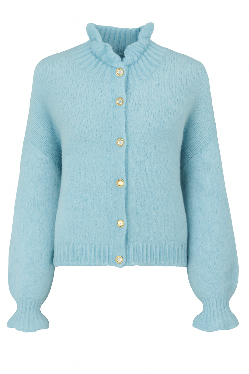 Chic Ruffle-Trim Cardigan with Pearl Buttons | Puff Sleeve Knit Sweater