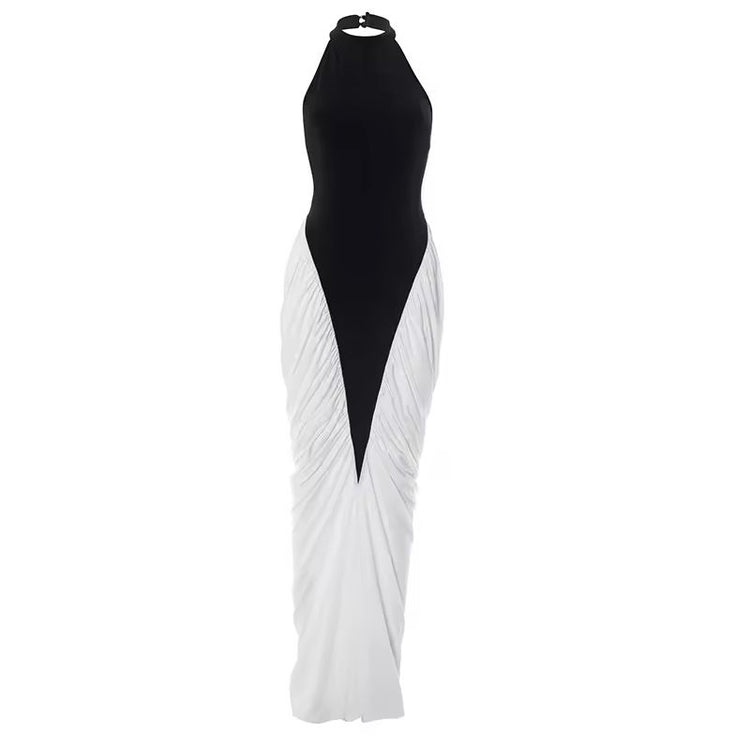 Dramatic Contrast Halter Neck Maxi Dress with Ruched Bodycon Split